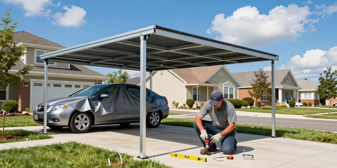 Effektiver Carport-Aufbau in einem modernen Wohnviertel mit Handwerkern und Werkzeugen