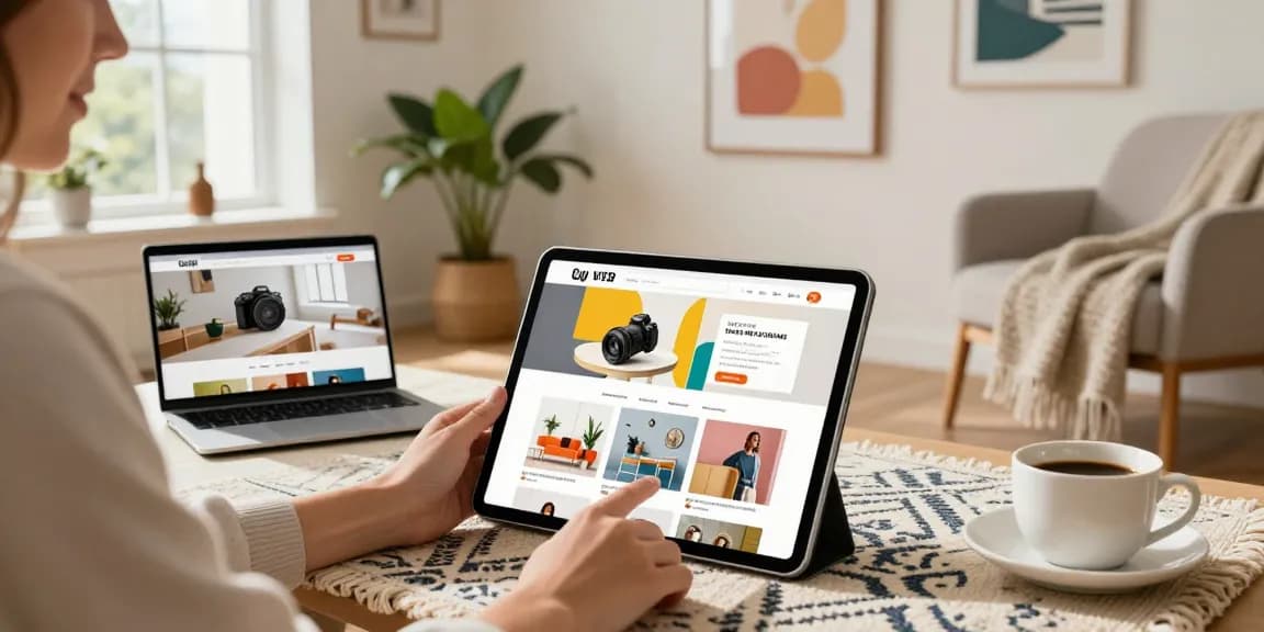 Shopper enjoying FAFA828 online deals in a warm home atmosphere.