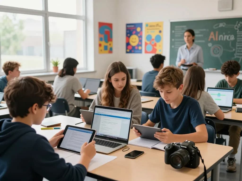 Schüler nutzen Hausaufgaben KI in einem modernen Klassenzimmer mit Tablets und Lehrerunterstützung.