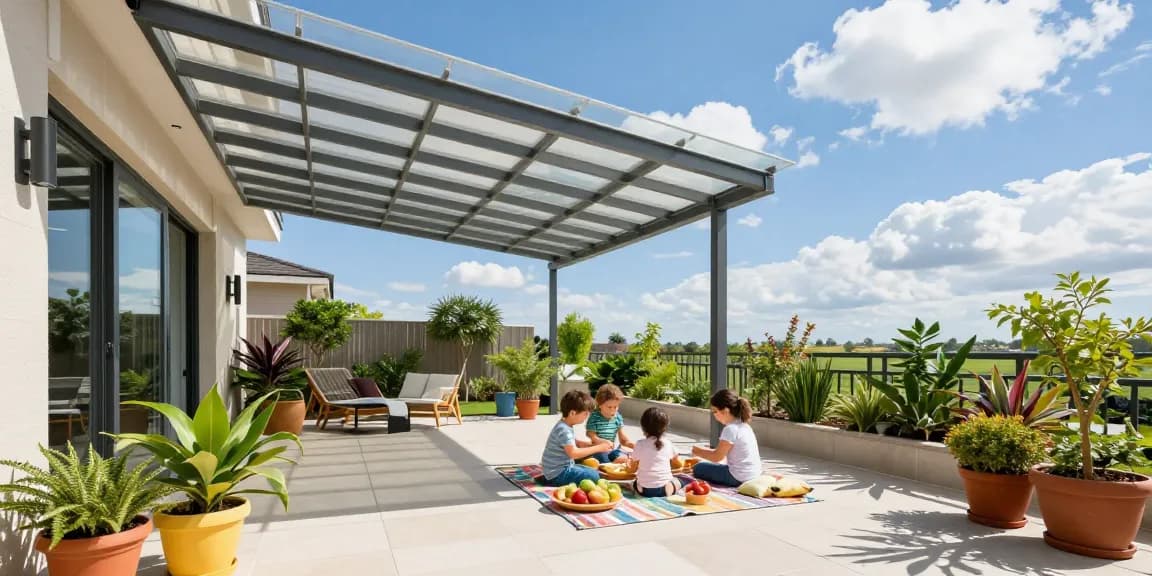 Moderne Terrassenüberdachung mit Familie bei Nachmittagspicknick.