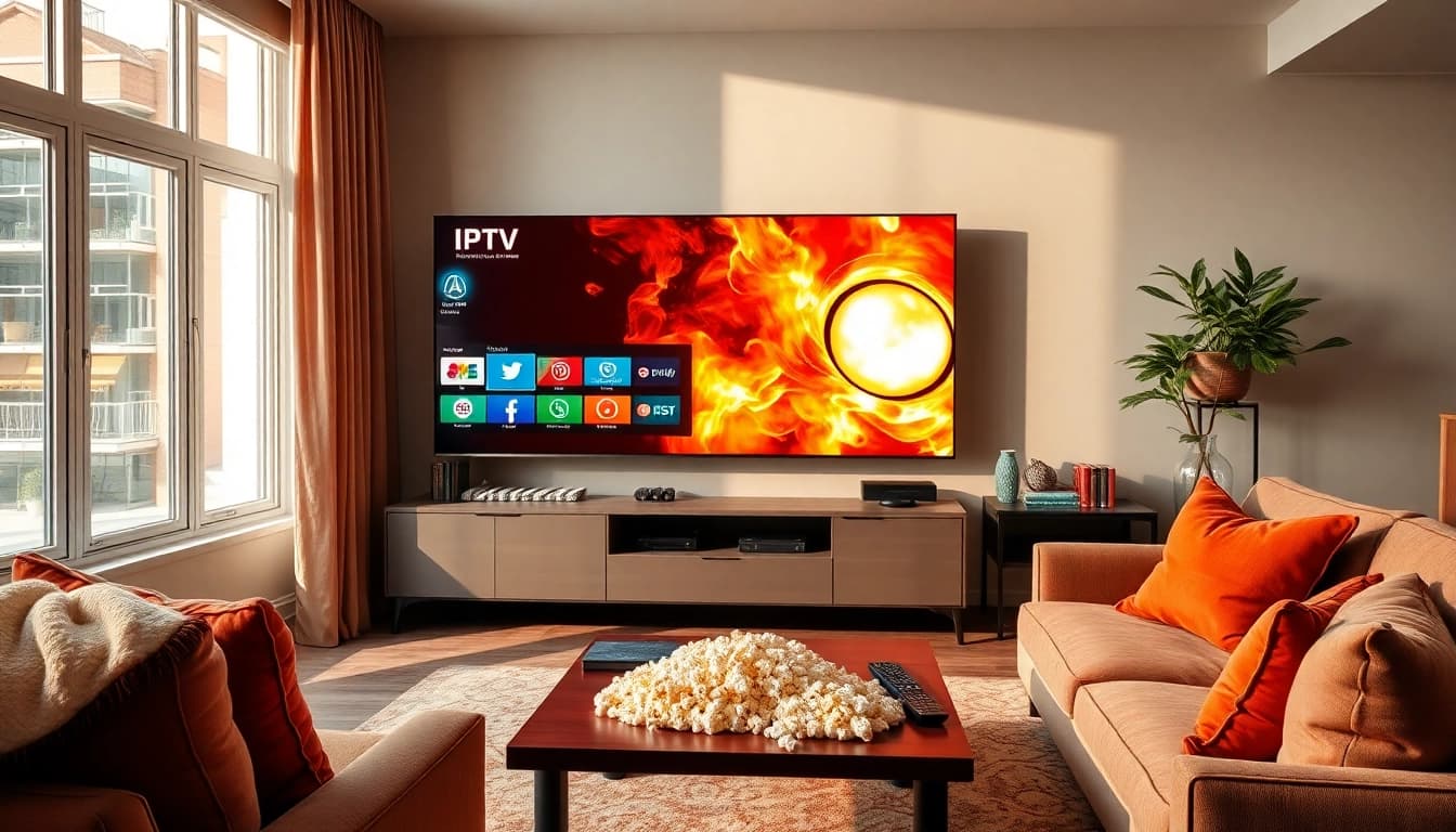 Erleben Sie IPTV Streaming Service Deutschland in einer modernen Wohnumgebung mit einem großen Fernseher.