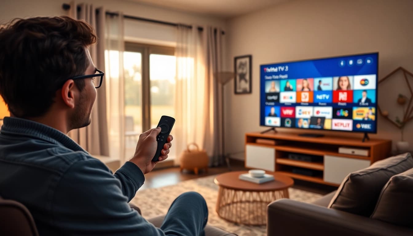 TiviMate auf Fire TV Stick installieren, Benutzer streamt begeistert IPTV in einer gemütlichen Wohnzimmeratmosphäre.