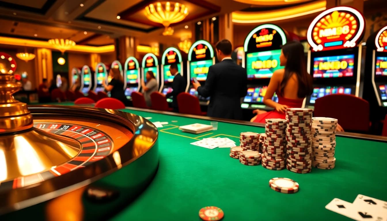 Excited players enjoy casino games at MM88, showcasing vibrant roulette tables and slot machines.