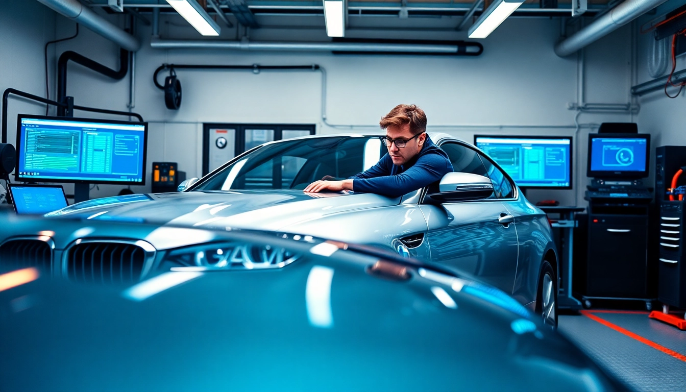 BMW Codierung: Fachmann, der BMW mit modernem Diagnosetools analysiert.
