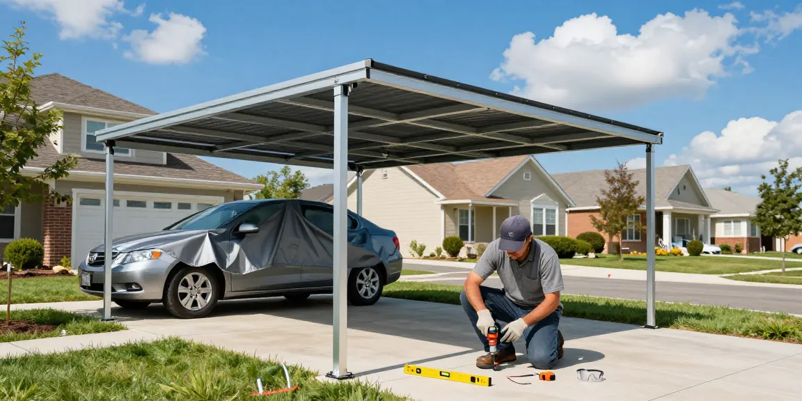 Effektiver Carport-Aufbau in einem modernen Wohnviertel mit Handwerkern und Werkzeugen