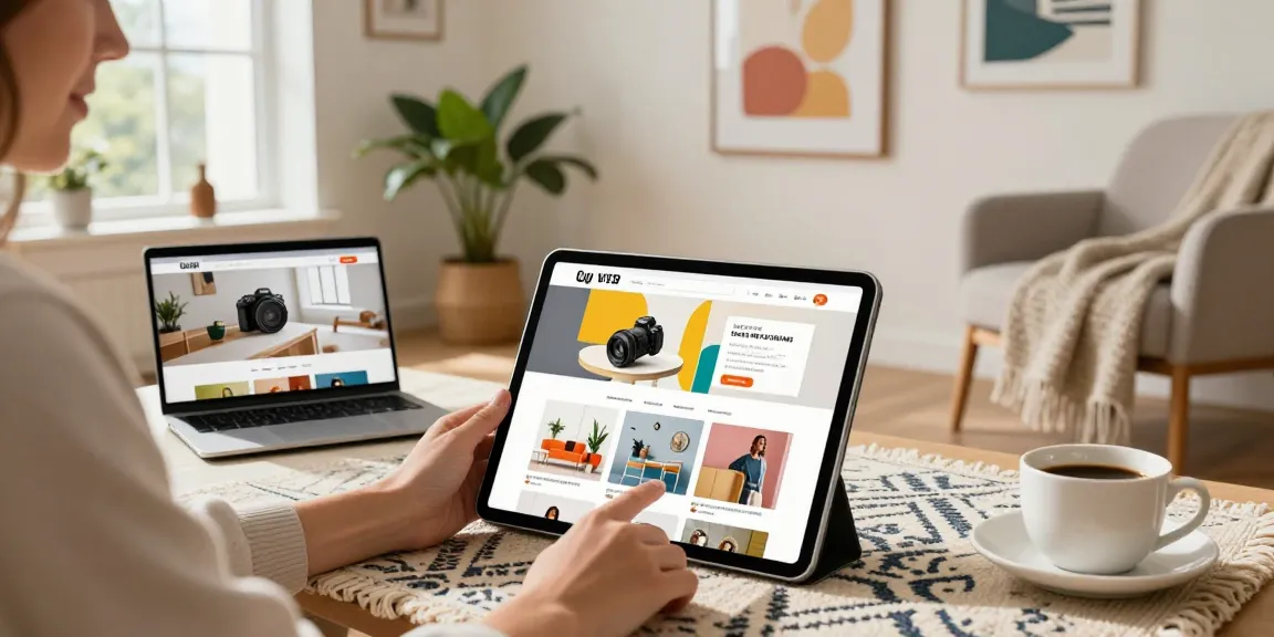 Shopper enjoying FAFA828 online deals in a warm home atmosphere.