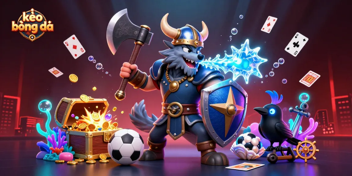 Engage in kèo bóng đá with a Viking warrior, fierce dragon, and an enchanting raven amidst dynamic sports elements.