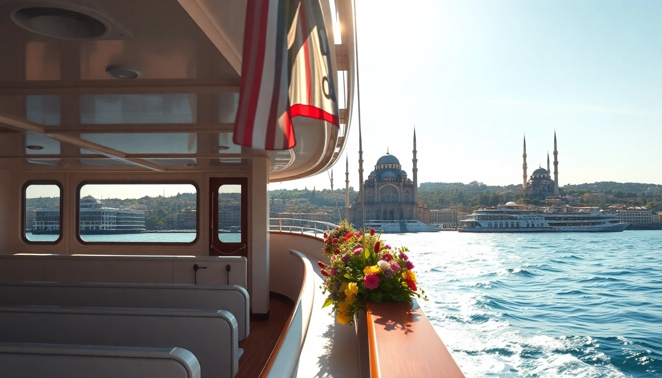 Erleben Sie die Istanbul Bosphorus cruises mit einer luxuriösen Jacht vor der Skyline Istanbuls.