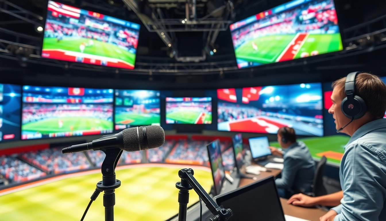 Engaging studio setup for Sports Broadcasting with announcers and live game displays.