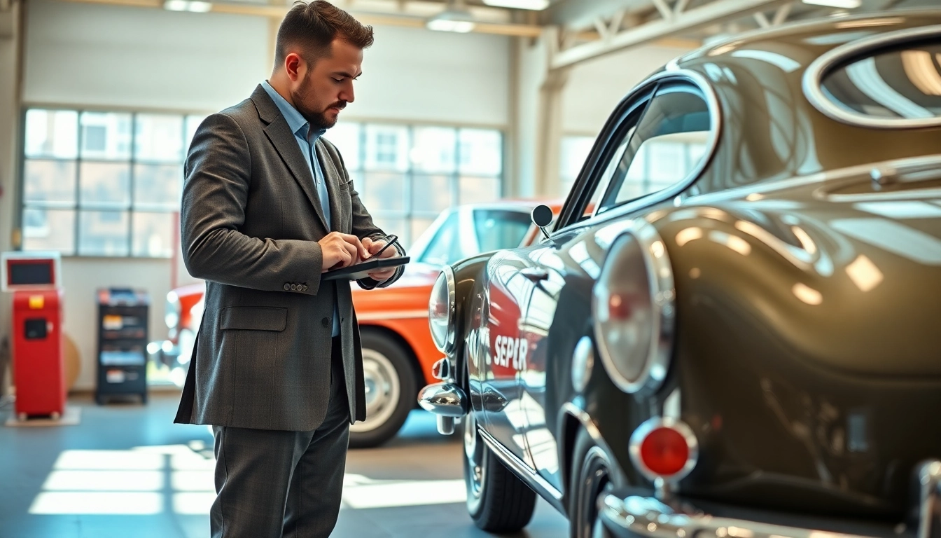 Oldtimer Gutachten durchgeführt von einem professionellen Gutachter bei einer Fahrzeuginspektion.