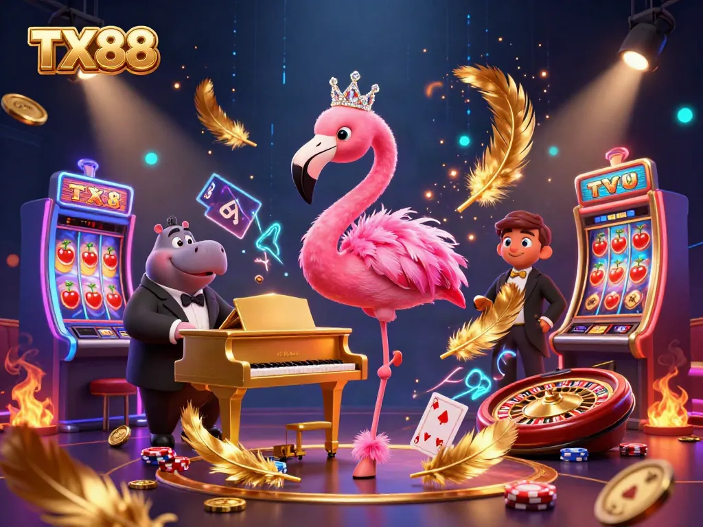 TX88 engaging players in an electrifying casino scene with a flamingo musician and hippo bassist.