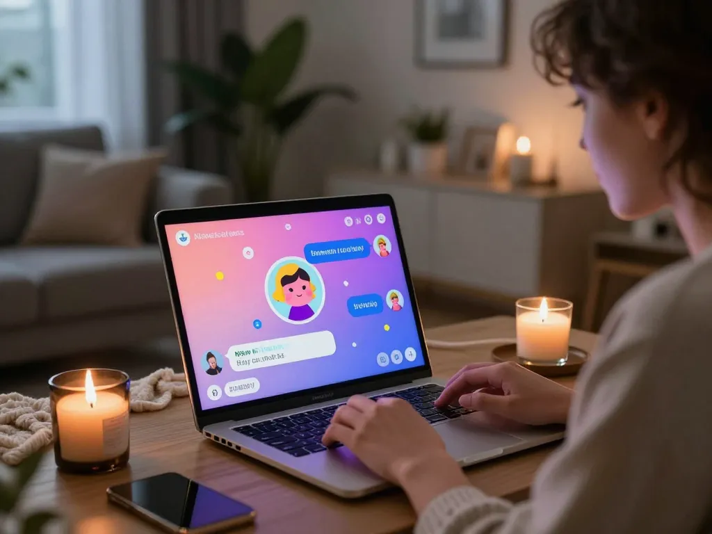 Engaging with a playful nsfw chat bot on a laptop in a cozy atmosphere.