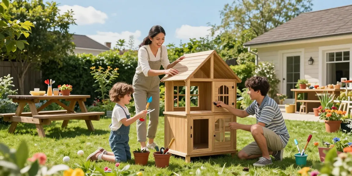 Gartenhaus kaufen - Familie baut gemeinsam ein Holz-Gartenhaus im Garten auf.