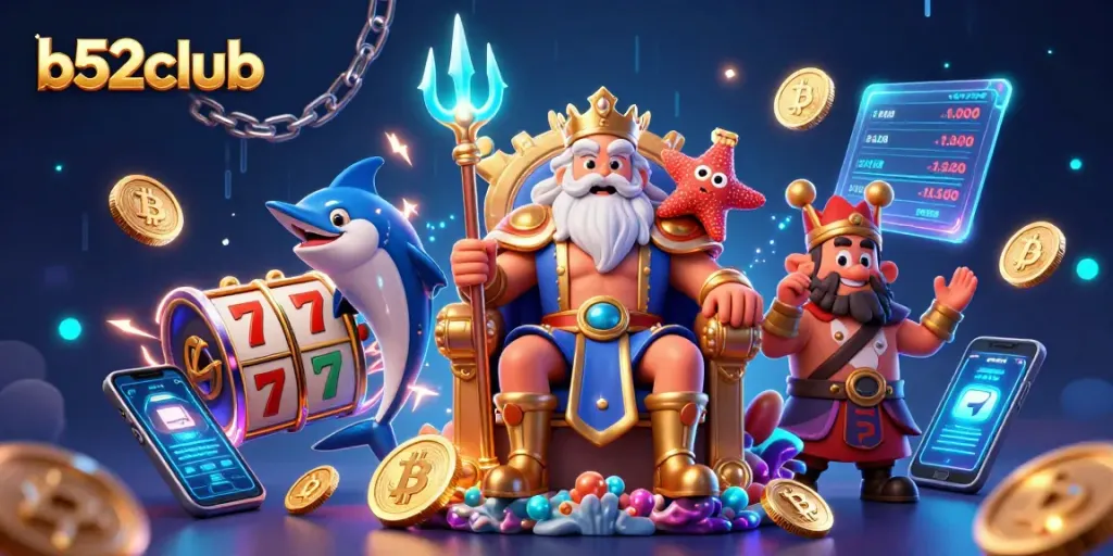 b52club ignites excitement with Neptune, lucky 7s, slot reels, and dazzling crypto elements.