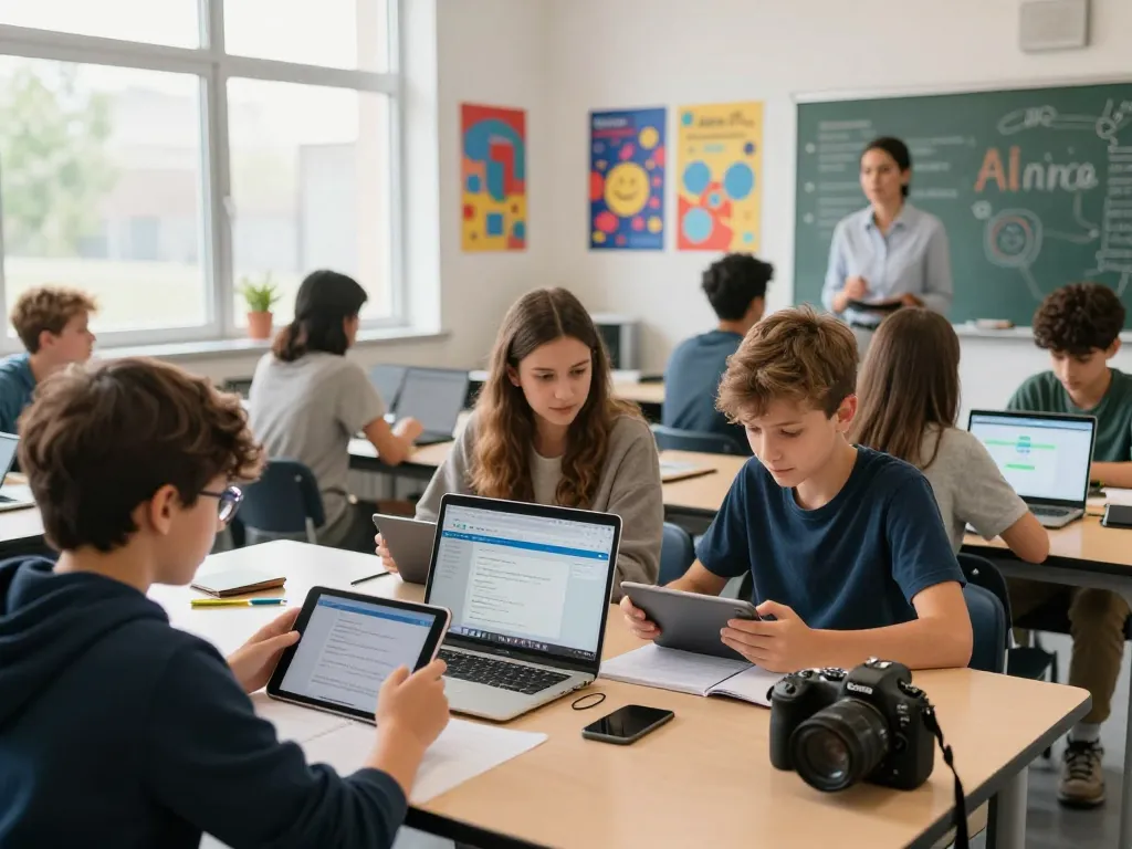 Schüler nutzen Hausaufgaben KI in einem modernen Klassenzimmer mit Tablets und Lehrerunterstützung.
