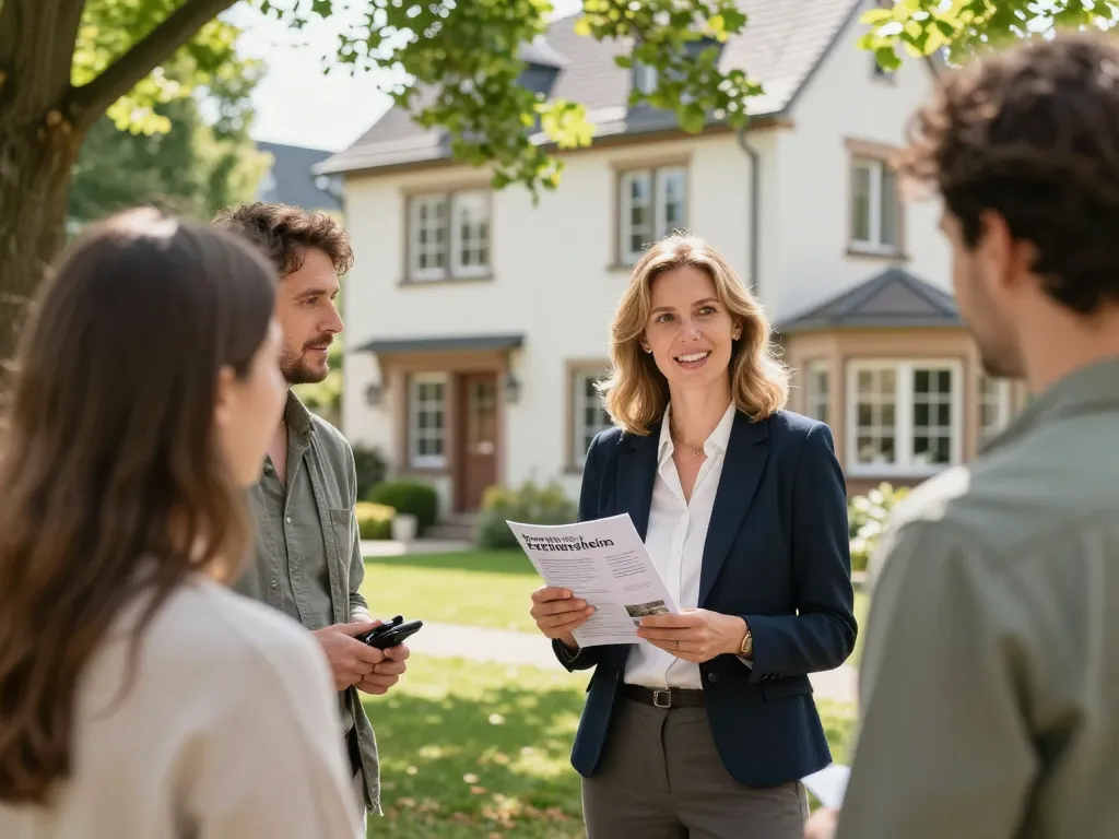 Immobilienmakler Frankfurt Eschersheim präsentiert Immobilien in einer einladenden Umgebung mit Käufern.