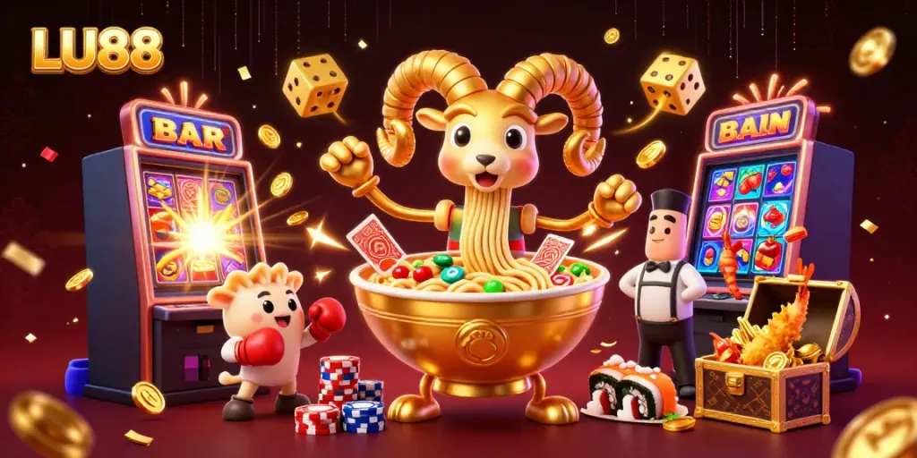 Experience exciting gaming action at LU88 with a vibrant 3D casino scene full of energetic characters.