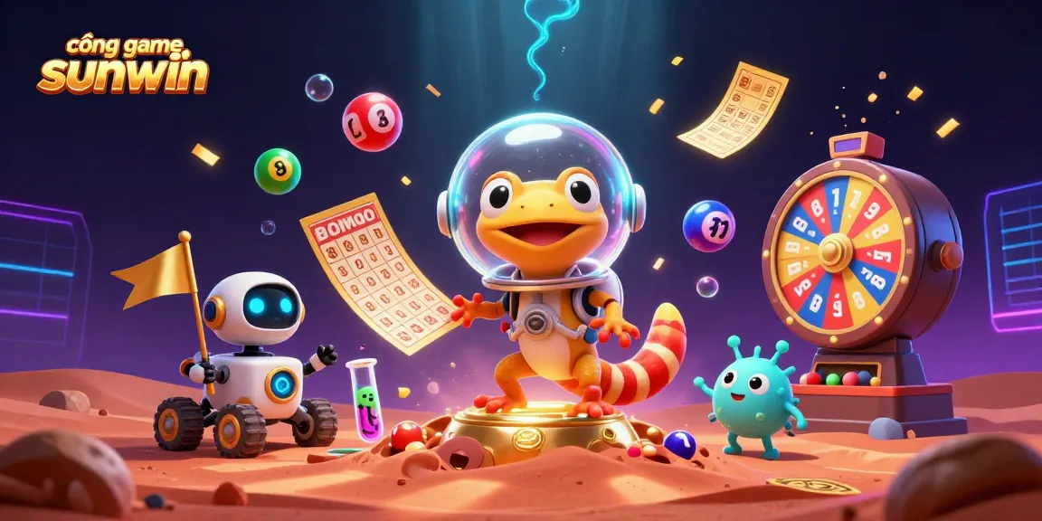 Engage in the cổng game sunwin experience with a Martian gecko and a robot exploring a golden casino.