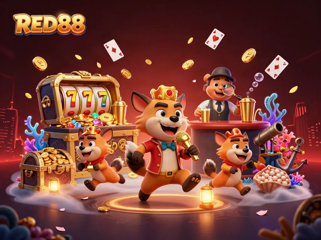 Experience the vibrant energy of RED88's playful casino scene with animated hyenas.