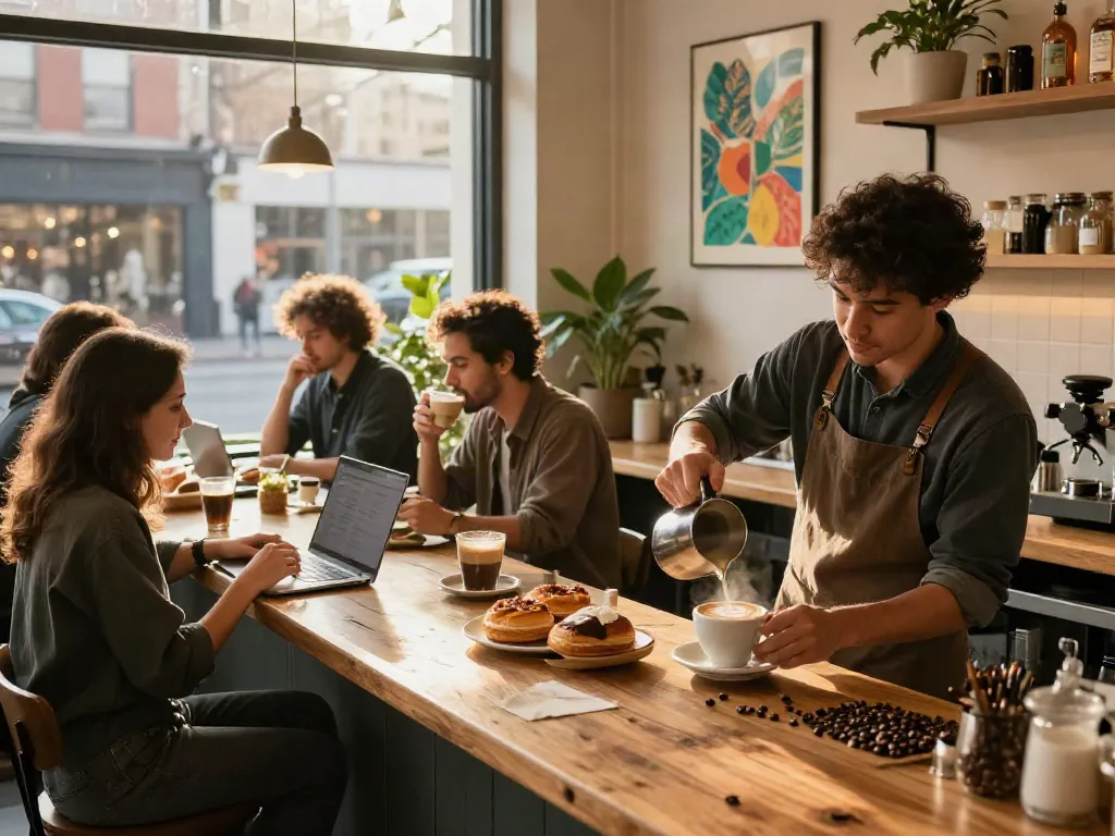 Experience the essence of rokok88 in a lively urban coffee shop, showcasing diverse patrons enjoying specialty beverages and delicious pastries under golden hour lighting.