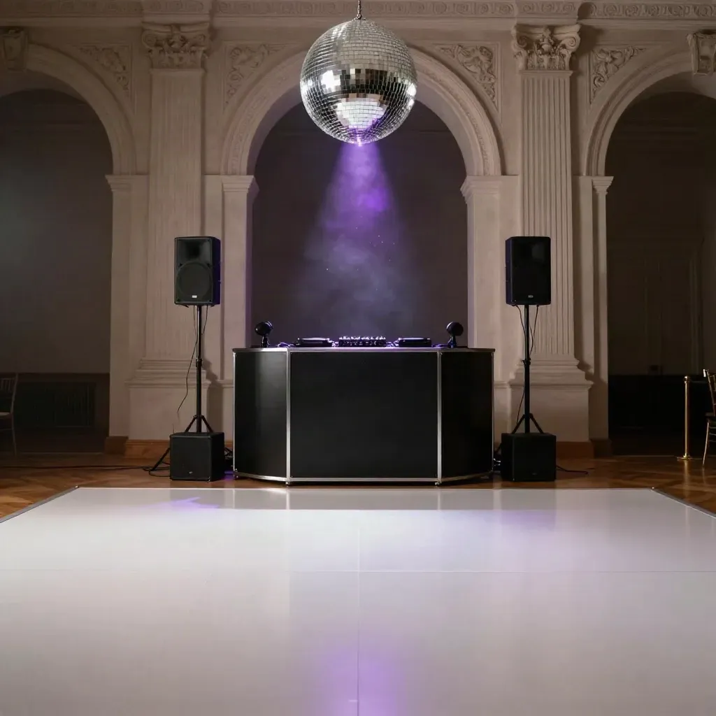 DJ-Setup in historischer Festhalle mit Discokugel, Boxen und violettem Licht