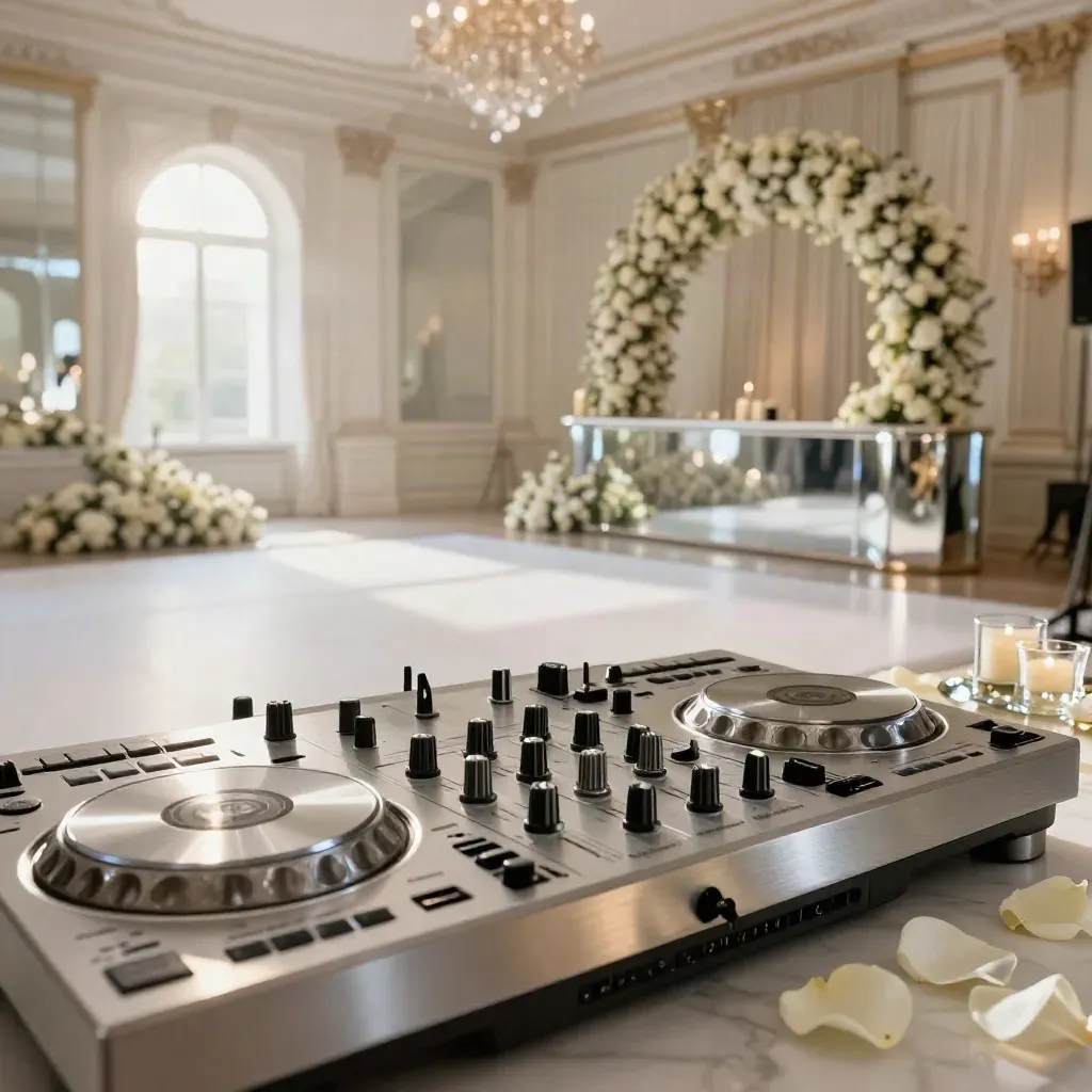 Makro eines Hochzeits-DJ-Setups im Ballsaal mit Silberakzenten und Kerzenlicht
