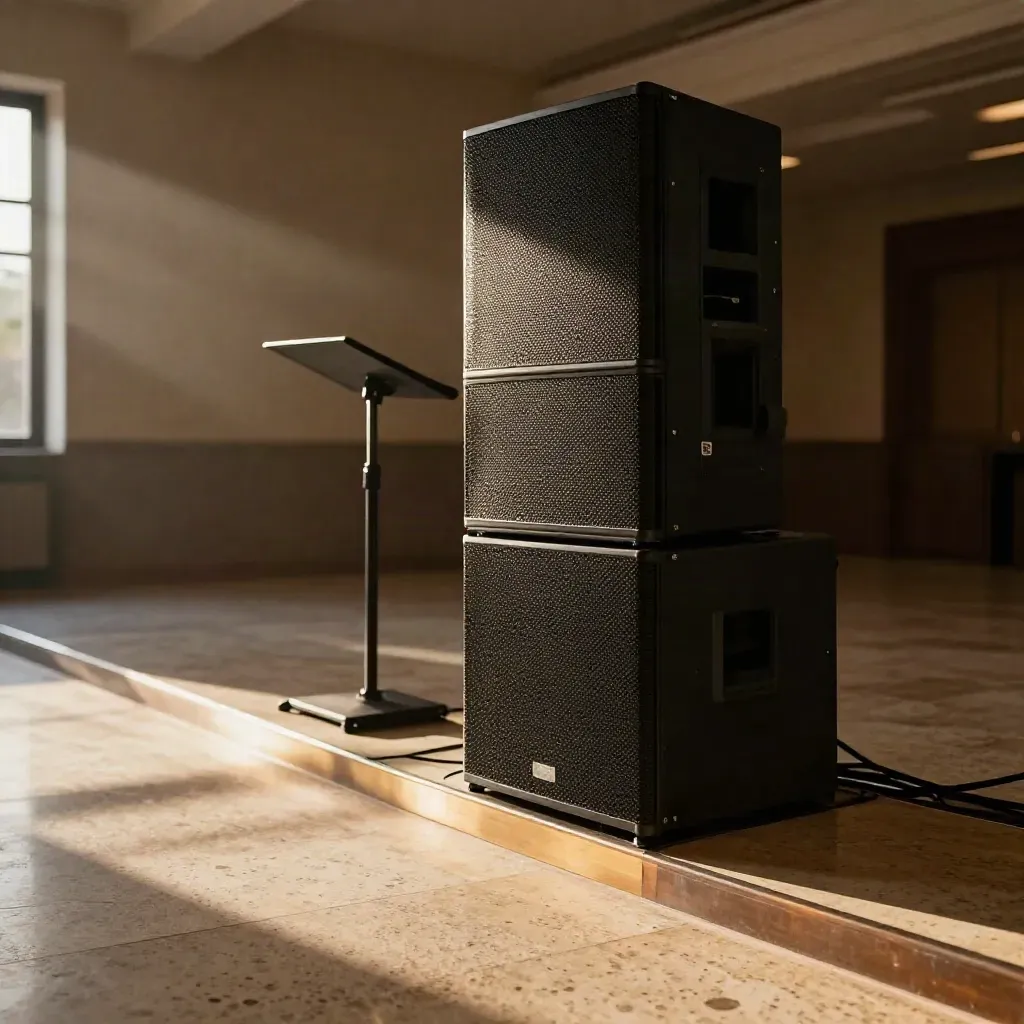 Leerer Hotelsaal mit Lautsprecher-Stack, Bodenmonitor und Mikrofonständer im warmen Licht.