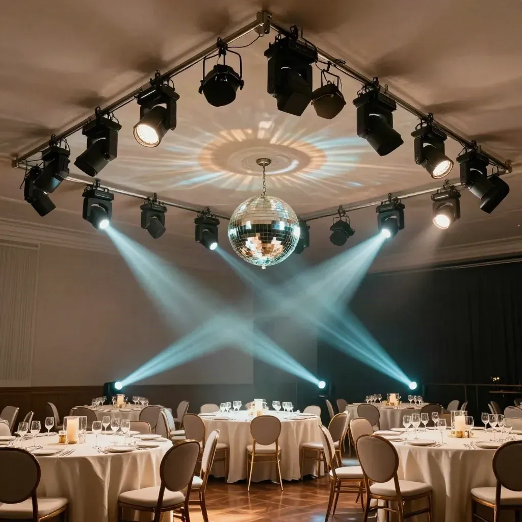 Niedrig nach oben fotografierte Ballroom-Decke mit Lichttechnik und cyanfarbenen Strahlen