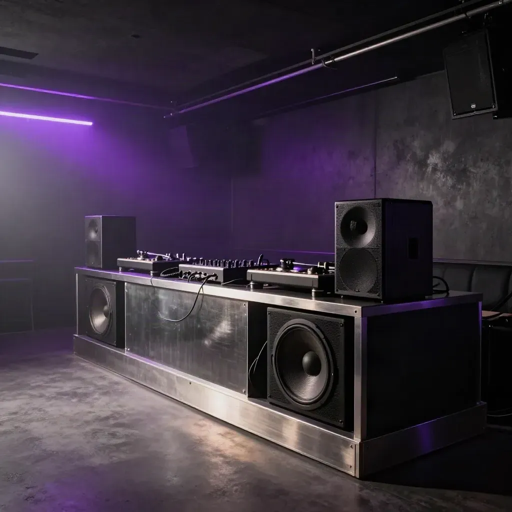 Leerer Kreuzberger Club mit DJ-Booth, Subwoofern und violettem Nebel über der Tanzfläche