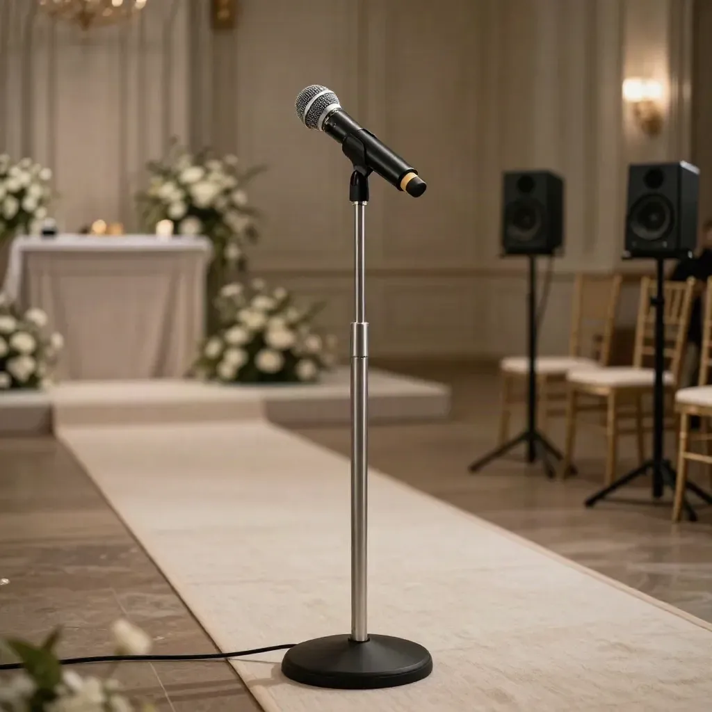 Leeres Trau-Setup mit Mikrofonständer, Monitoren und dezentem Silberakzent im Saal