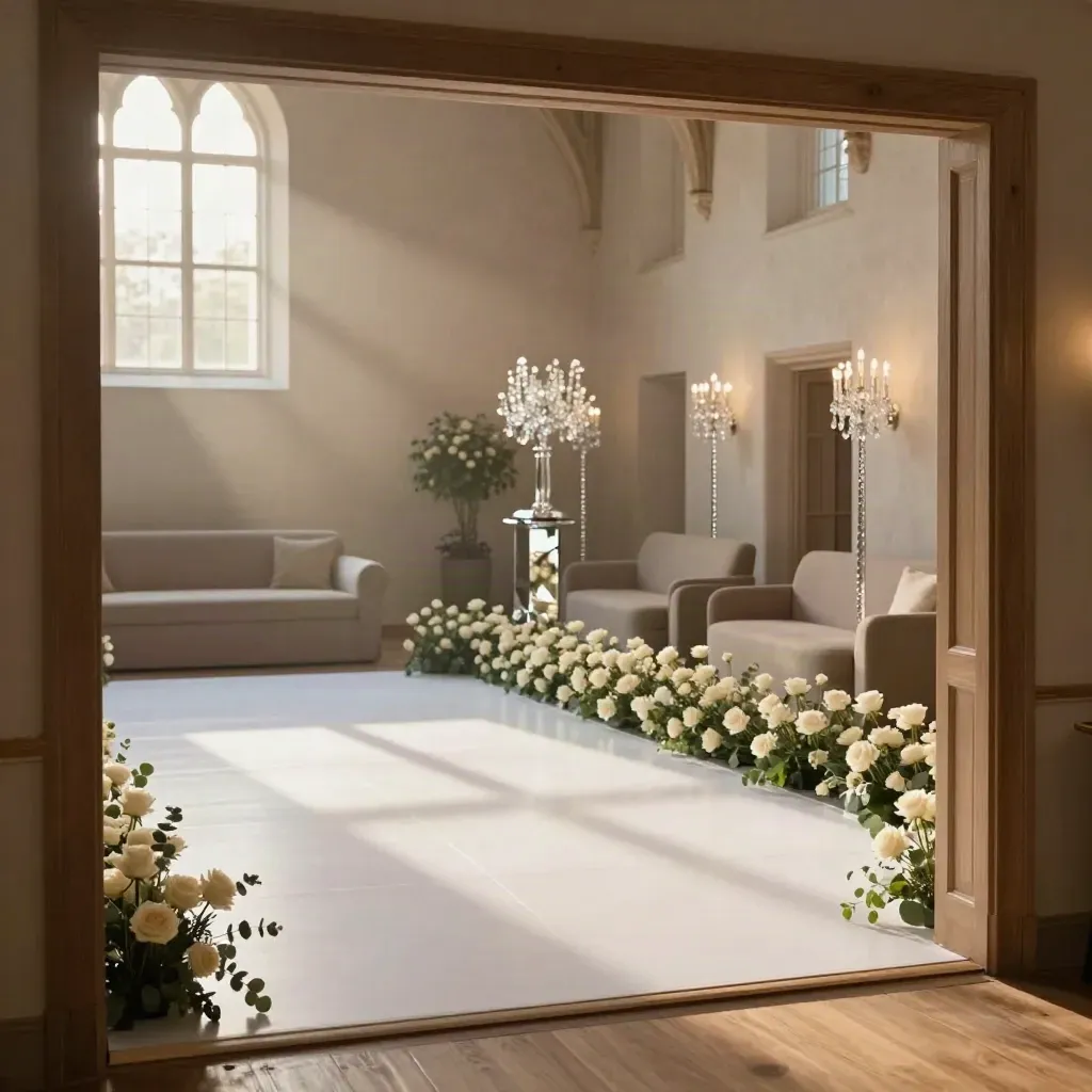Leerer Hochzeitssaal im Potsdamer Schloss, weiße Tanzfläche und Blütenlauf im Abendlicht