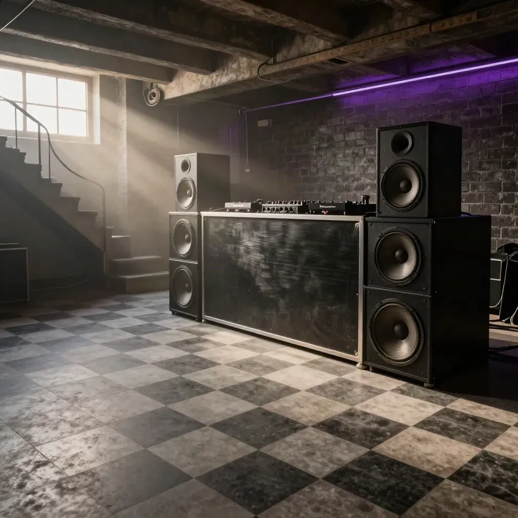 Leerer Kellerclub in Kreuzberg mit DJ-Booth, Subwoofern und violettem Licht im Haze.