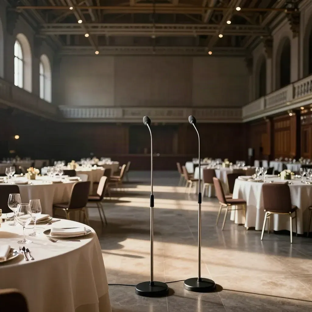 Leerer Münchner Festsaal mit Mikrofonständern, Dinnerlicht und Tanzfläche.