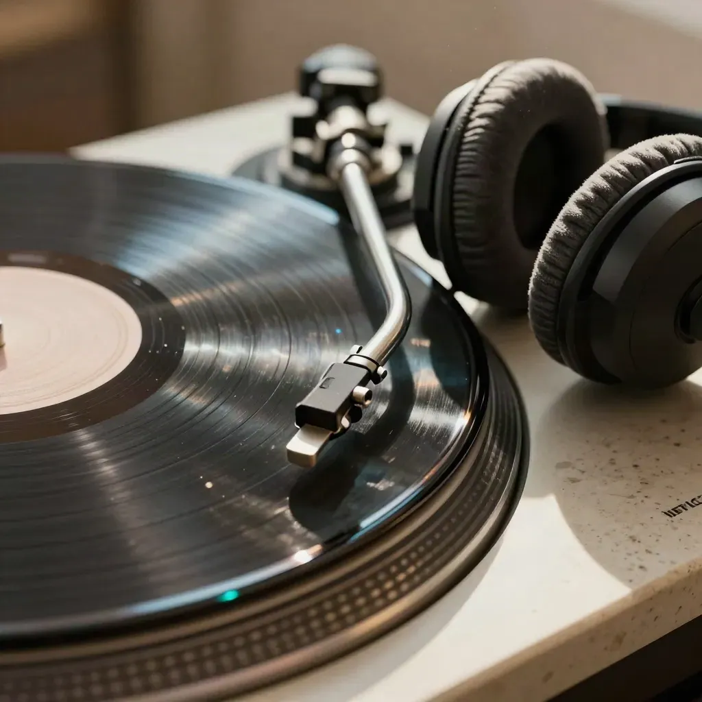 Makro von Vinylrille, Cue-Marker und DJ-Kopfhörern mit cyanem Reflex im Clublicht