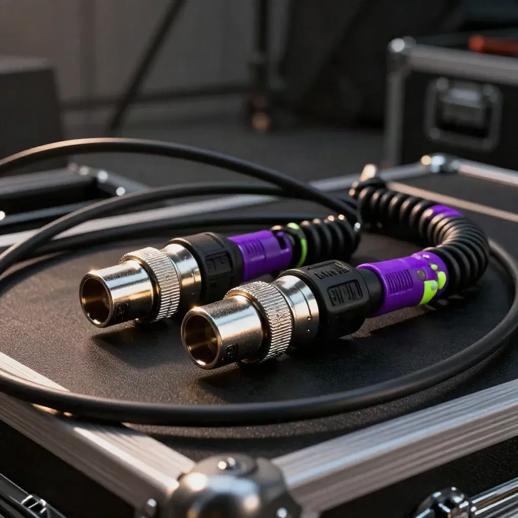 DMX- und XLR-Kabel auf schwarzem Stoff im Bühnenlicht