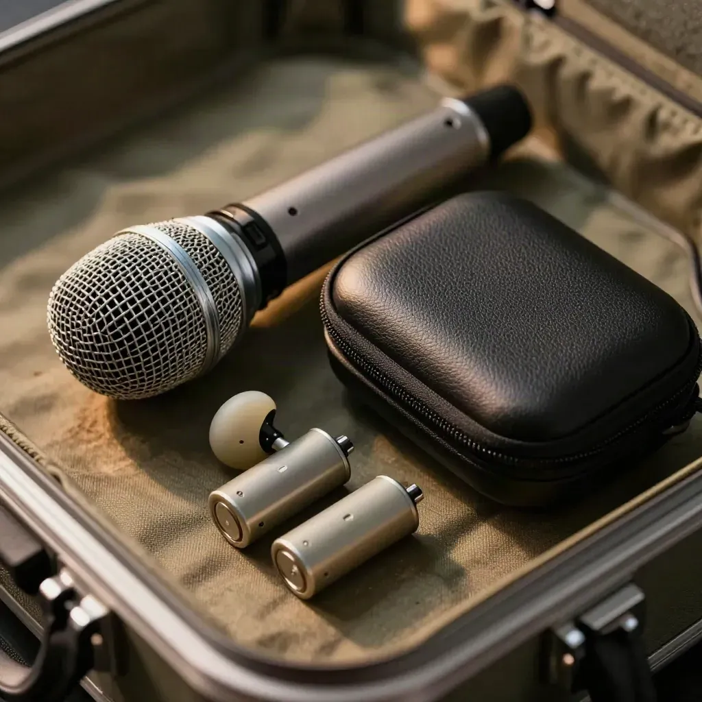 Funkmikrofonkapsel, Ersatzbatterien und In-Ear-Case auf einem Backstage-Tablett