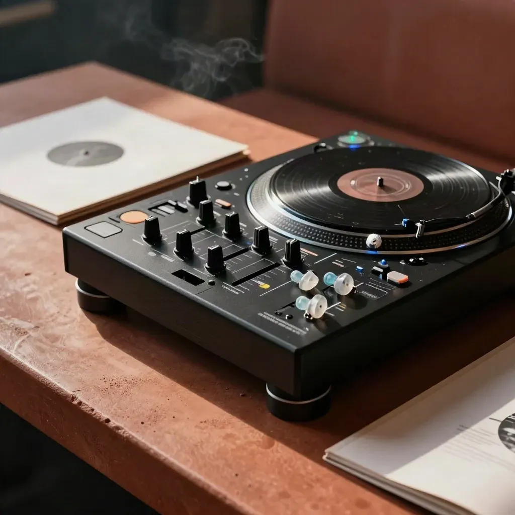 DJ-Mixer, Plattentellerrand, Ohrstöpsel und umgedrehte Schallplattenhülle