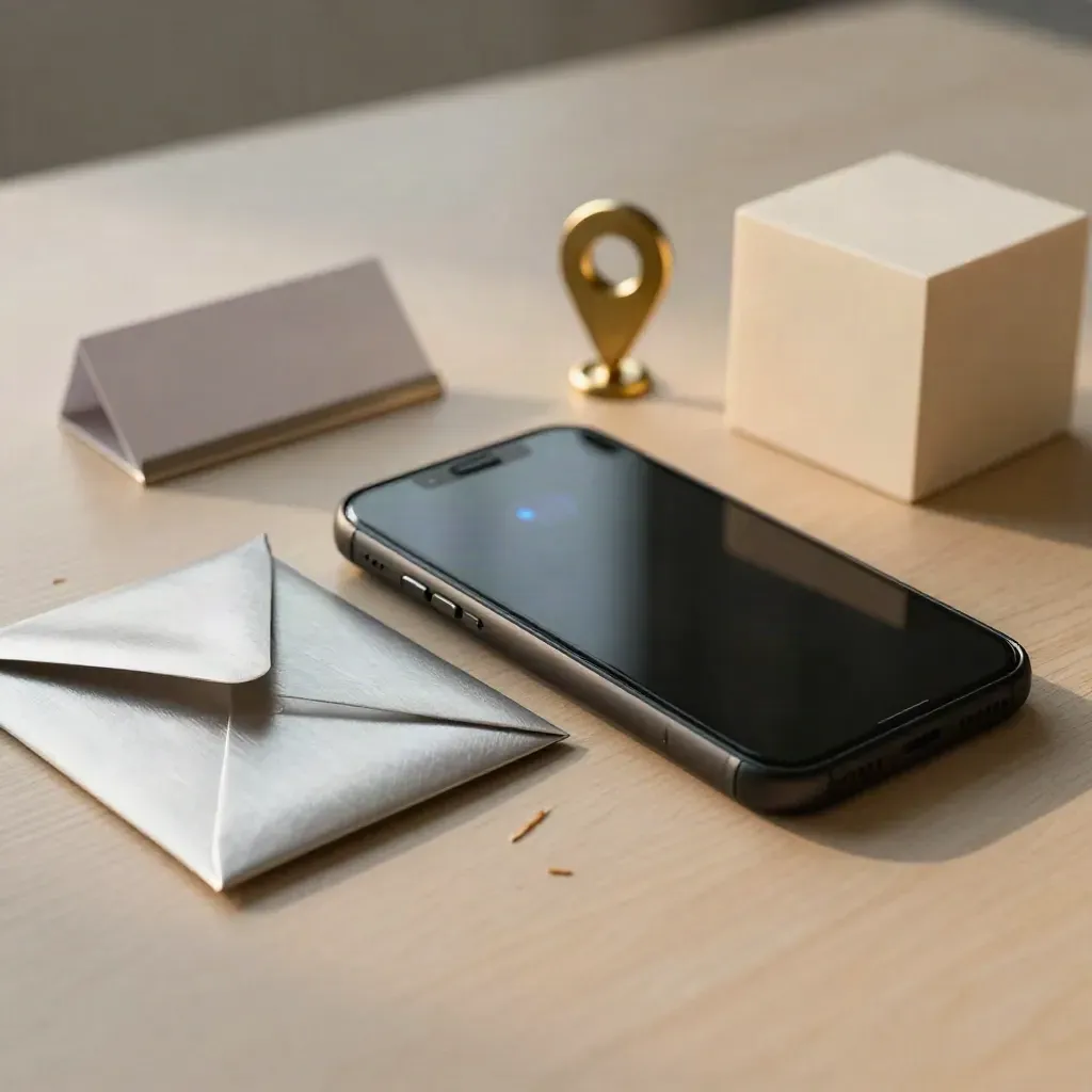 Smartphone, Metallumschlag, Messing-Pin und Kalenderwürfel auf hellem Holz.