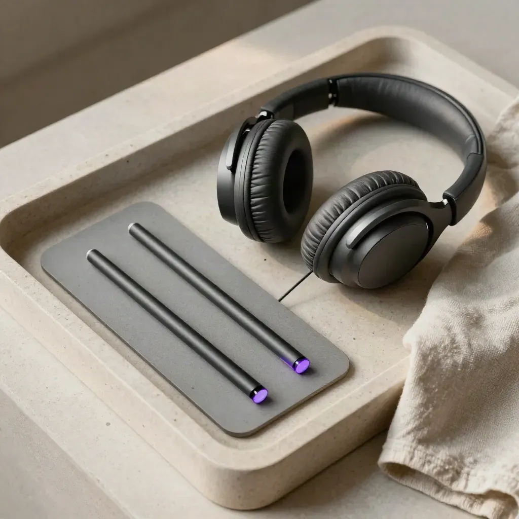 Kopfhörer, Slipmat und drei Cue-Marker auf Stein mit violettem Akzent