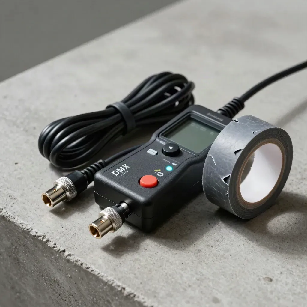 DMX-Tester, Kabel, Steckverbinder und Tape auf Beton im Overhead-Licht