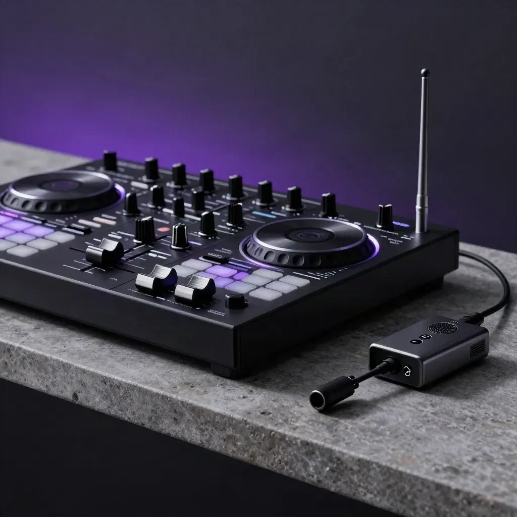 DJ-Controller mit leuchtenden Cue-Tasten und Mikrofonempfänger auf Stein, dramatisch von unten.