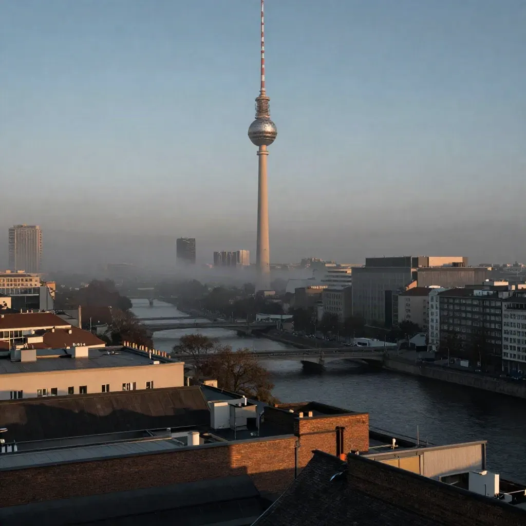 Berliner Skyline mit Fernsehturm über der Spree im Abenddunst