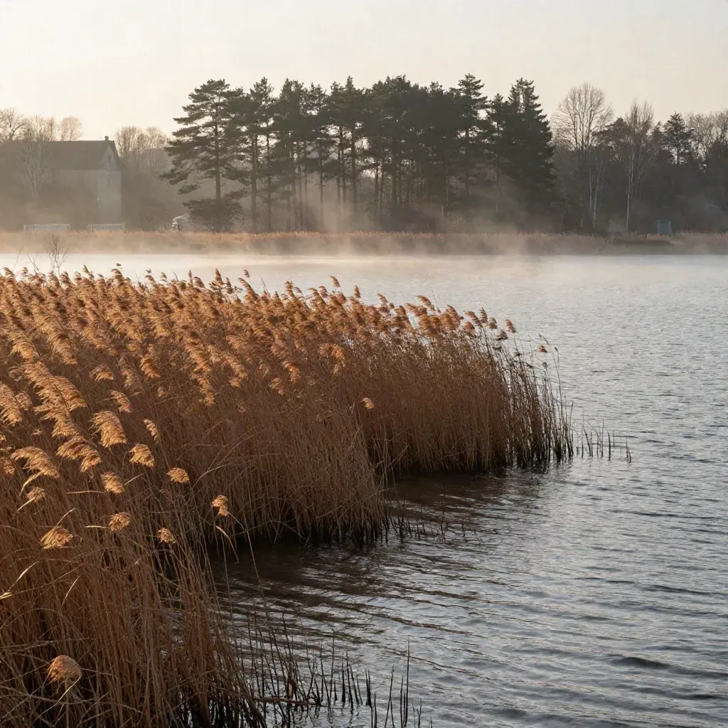Morgennebel am Brandenburger Seeufer mit Kiefern, Schilf und fernem Gutshausdach