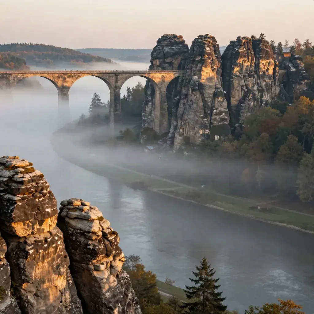 Bastei-Brücken über dem Elbtal im Morgennebel, warmes Licht auf Sandstein.