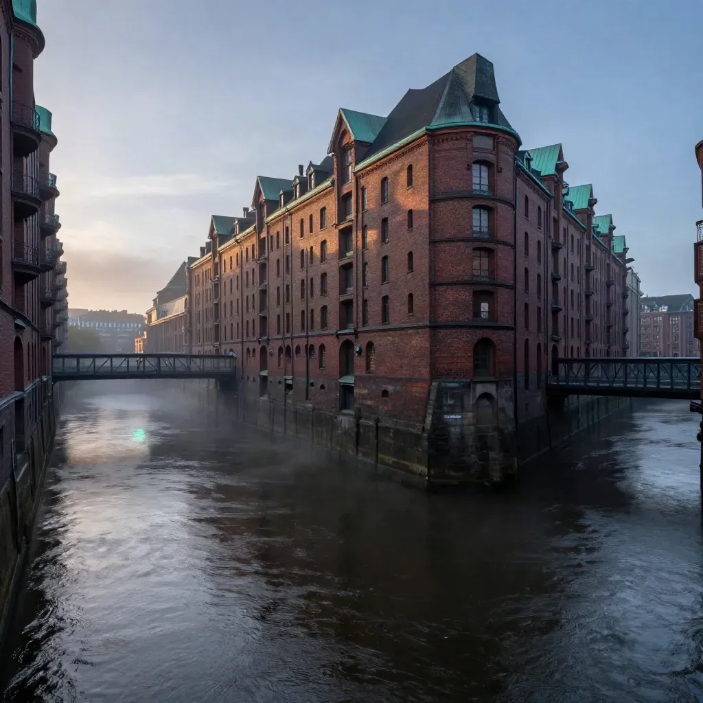 Hamburger Speicherstadt im Nebel bei Dämmerung, Backsteinlagerhäuser hoch über stillen Kanälen.