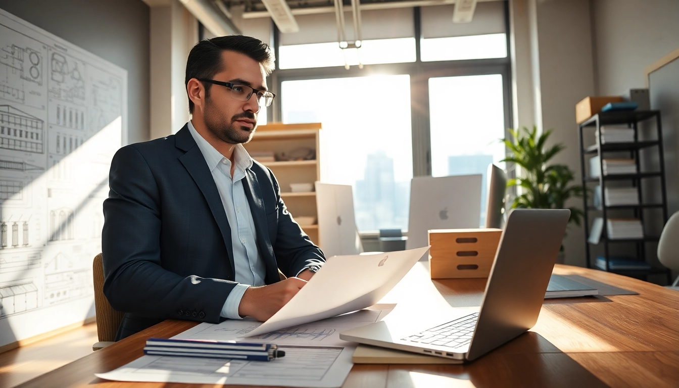 Headhunter Ingenieure in einem modernen Büro, umgeben von Bauplänen und Werkzeugen.