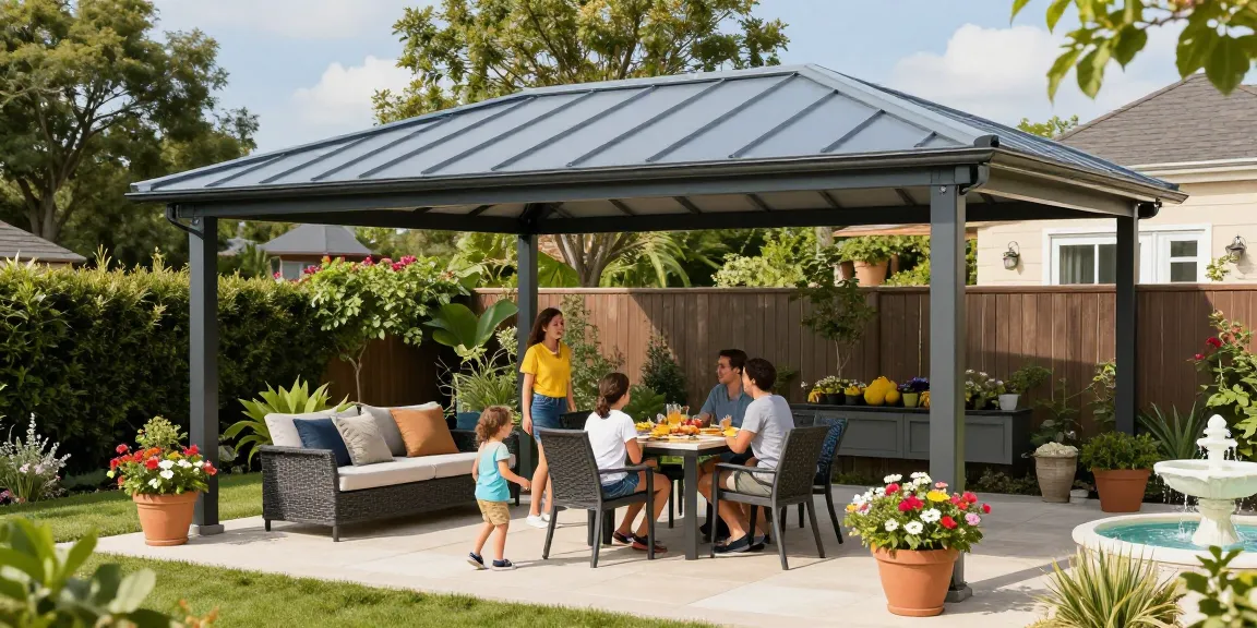 Schöne Terrassenüberdachungen im Garten mit Familie, die einen sonnigen Tag genießen.