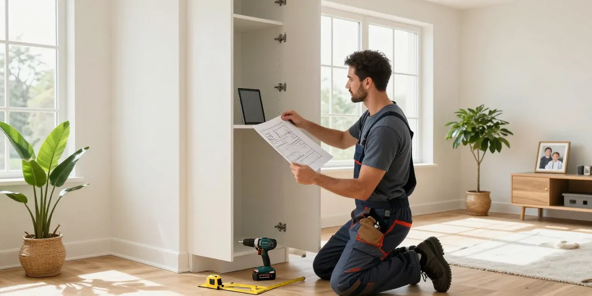 Professioneller Auftragnehmer von Augusta Innenausbau GmbH installiert Schränke in einer modernen Wohnraumrenovierung.