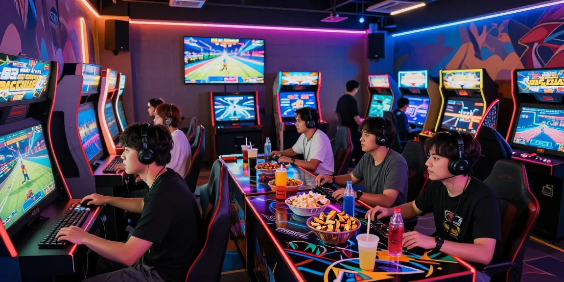 Gamers enjoying B52 CLUB games at https://b52club.radio.fm/ in a vibrant arcade environment.