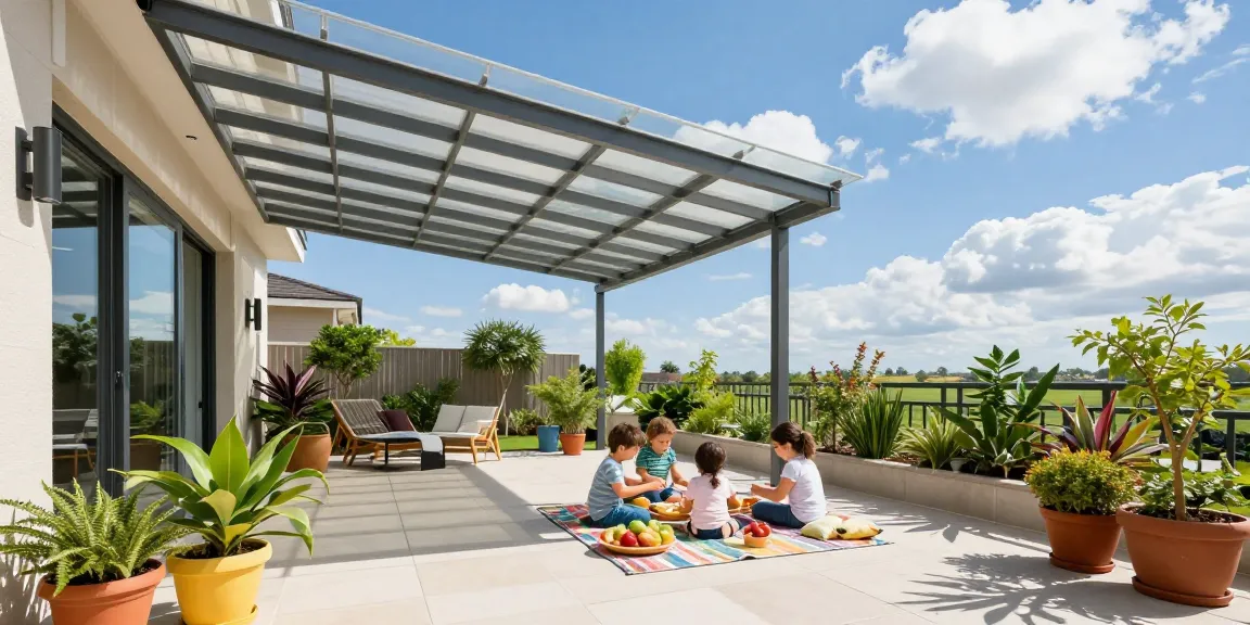 Moderne Terrassenüberdachung mit Familie bei Nachmittagspicknick.